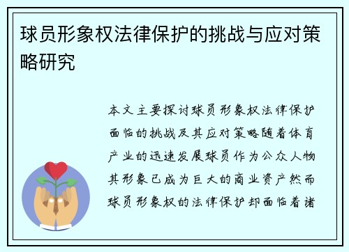 球员形象权法律保护的挑战与应对策略研究